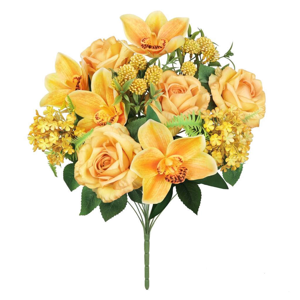 Set of 2 Honey Yellow Artificial Mixed Rose Cymbidium Orchid Snowball Flower Stem Bush Bouquet 19in - 19" L x 12" W x 12" DP