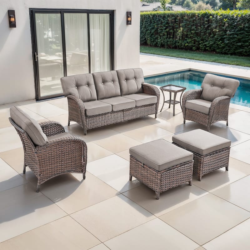 TWrap 6-Piece Patio Brown Wicker Sofa Conversation Set with 5-Inch Thick Cushions