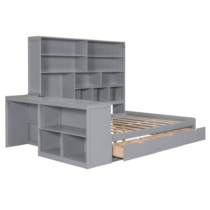 Full Size Wooden Daybed with Desk, Shelves, Drawers, and Lights in Gray