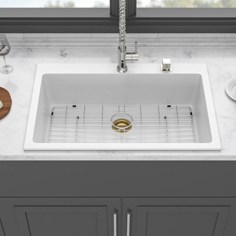 Drop-In Single Bowl Quartz Kitchen Sink - 33'' x 22'' x 9.65'' - White