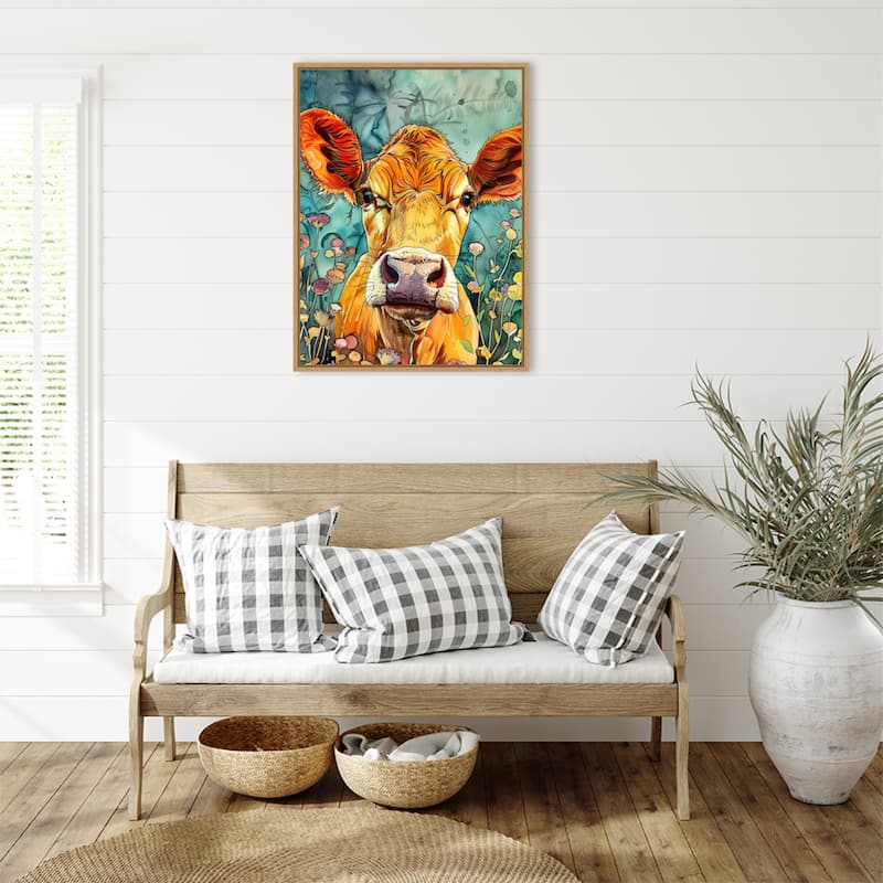 Cow in Flowers by Justyna Jaszke Framed Canvas Wall Art