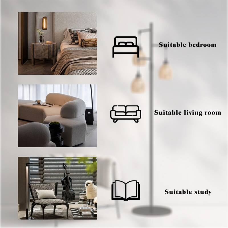 3-Light Woven Rattan Globe Tree Tall Floor Lamp