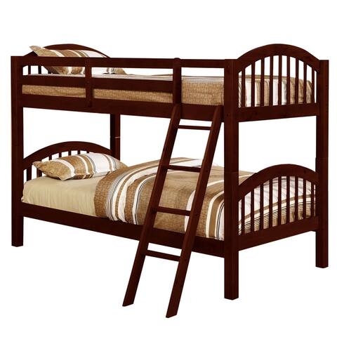 Wooden Twin Over Twin Bunk Bed with Slatted Arched Headboard, Cherry Brown