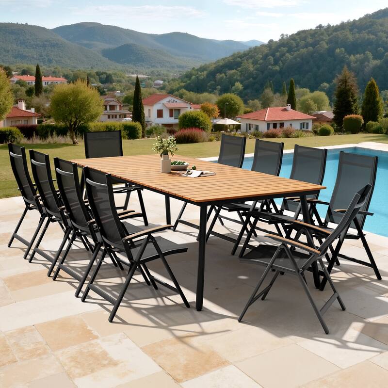 11PC Outdoor Patio Dining Set Aluminum Umbrella Hole Table with Folding Chairs - Brown