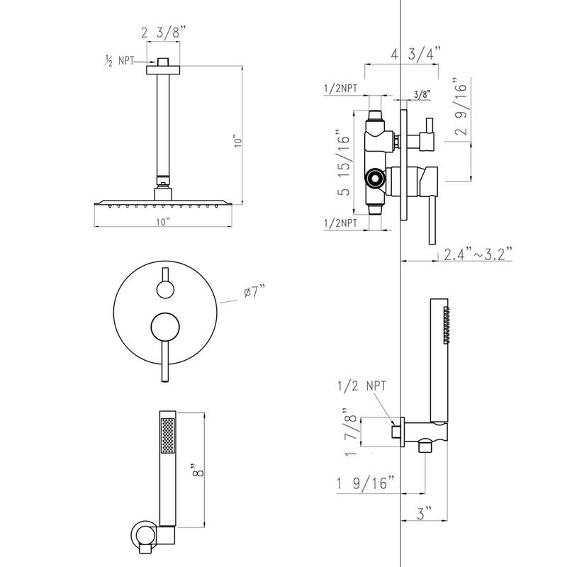 YASINU Ceiling Mount 10" Rain Round Shower Combo Set with Handheld Shower Head