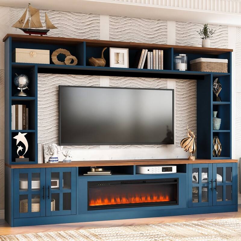 Modern 95.5" Wall Unit Entertainment Center with Bookshelves for TVs up to 80" with Electric Fireplace and Adjustable Shelves