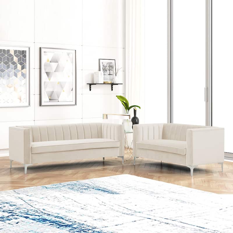 Morden Fort Modern 2 Pieces of Loveseat and Sofa Couch Set with Dutch Velvet Grey, Iron Legs - Beige