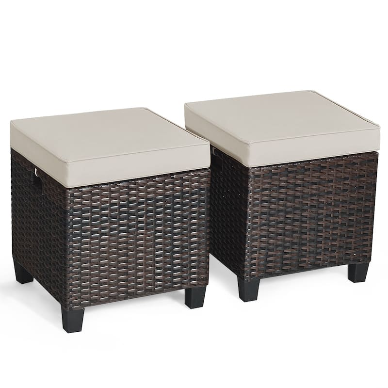 Outdoor Cushioned Rattan Wicker Ottomans (Set of 2) - Brown