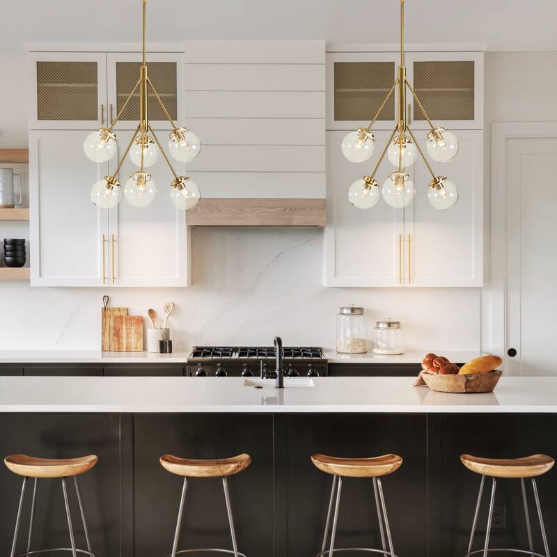 6-Light Modern Glam Sputnik Brass/Matte Black Finish Dimmable Chandelier with Clear Glass Globe for Living & Dining Room