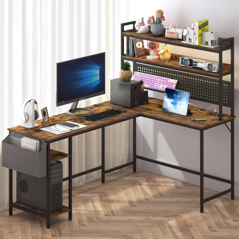 L Shaped Office Desk, Reversible Corner Computer Desk with Power Outlet and LED Light, Gaming Desk with Storage Shelf