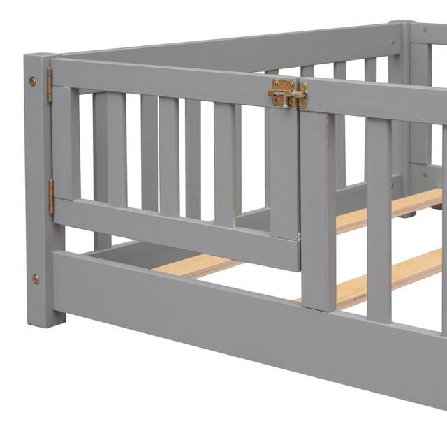 Twin/Full/Queen size Floor Platform Bed with Fence and Door for Kids, Toddlers