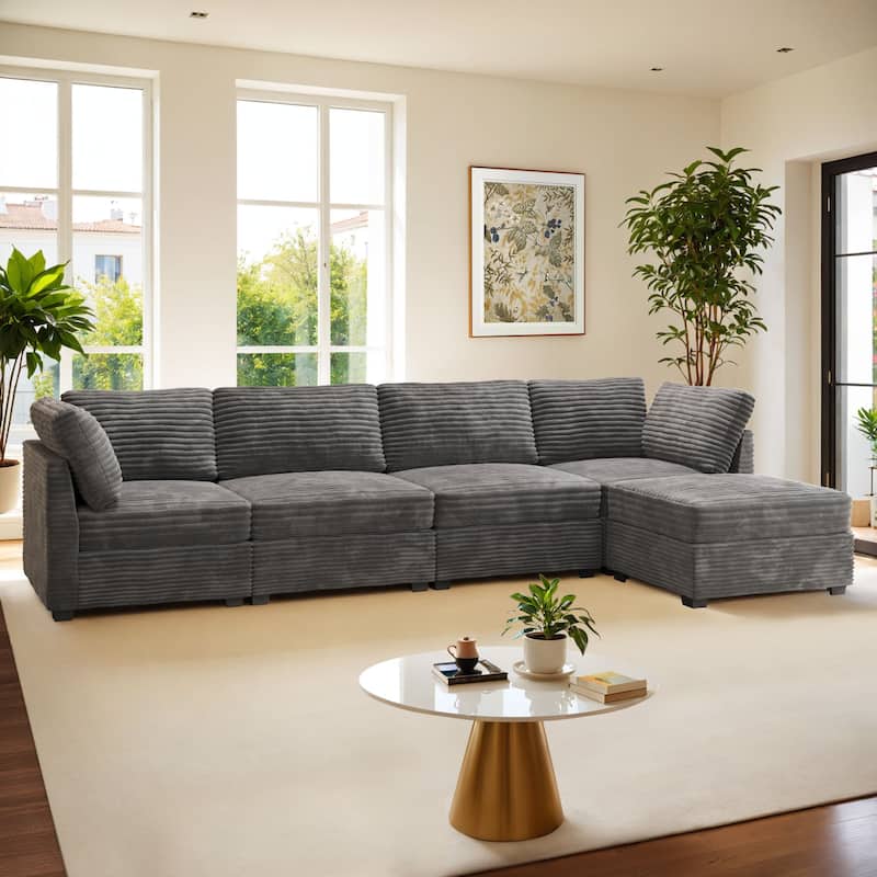 HOOOWOOO Modular Plush Corduroy Fabric Couch with Ottoman - Grey
