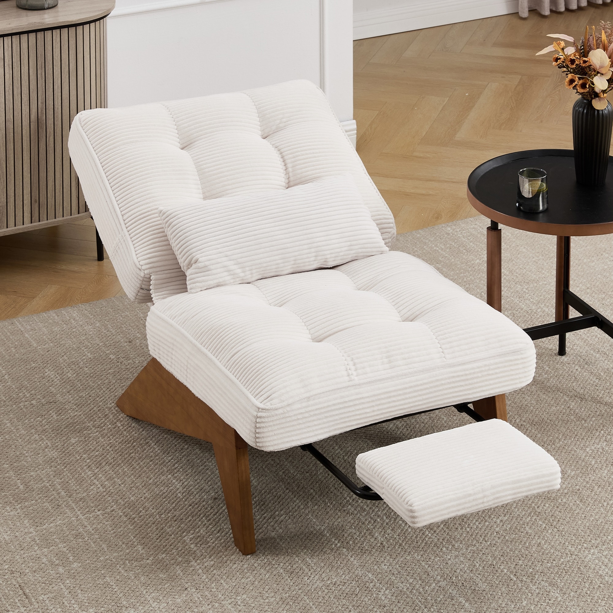 HOMEFUN Upholstered Modern Multi-Position Adjustable Wooden Base Lounge Chair with Footrest and Lumbar Pillow