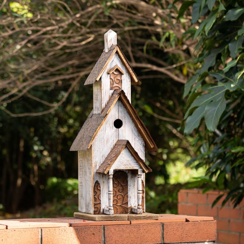 Glitzhome 24"H Extra-Large Farmhouse Rustic Wood Birdhouse - Brown/Off-White