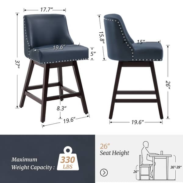 dimension image slide 7 of 8, 26 in. Fabric Upholstered Counter Height Swivel Bar Stool with Footrest - 19.6"D x 19.6"W x 37"H