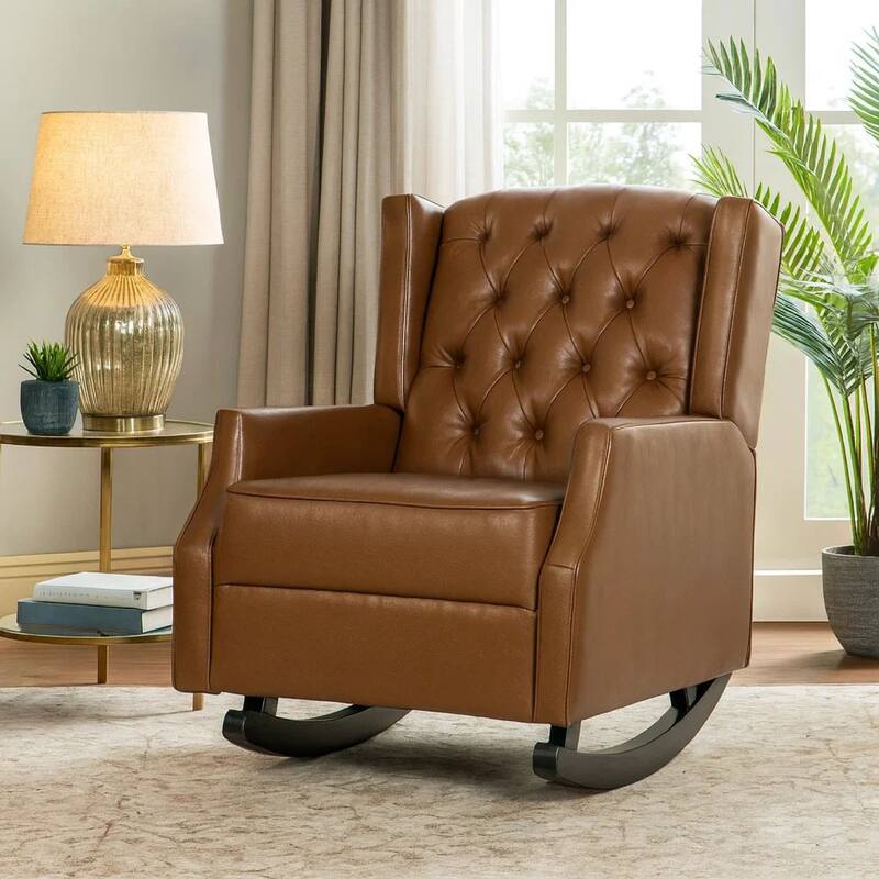 Zyna Rocking Chair, Gentle Motion, Brown Waffle Stitch Faux Leather