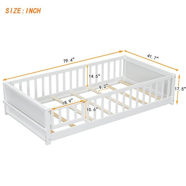 dimension image slide 0 of 6, Twin Size Floor Bed Frame for Kids Bed with Fence Guardrails Endbed Storage Splint Platform Bed - Available with or without Door