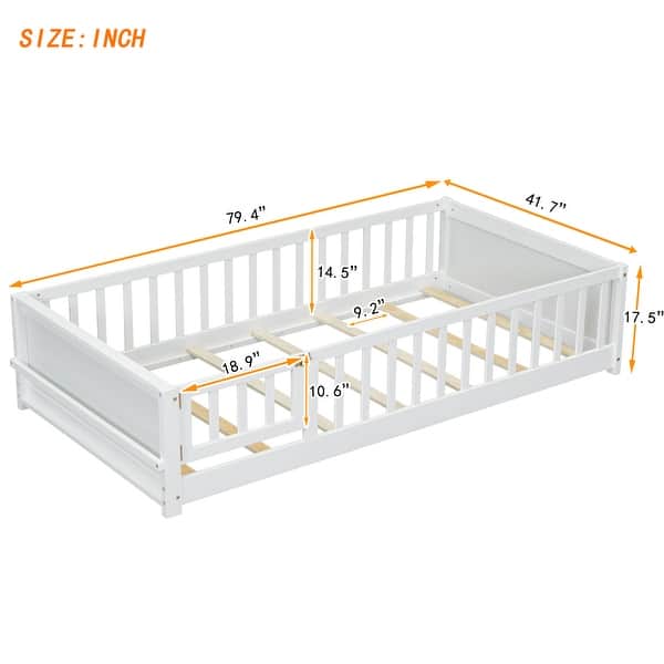 dimension image slide 1 of 3, Twin Size Floor Bed with Safety Guardrails, Door and Slats, Toddler Floor Bed Frame for Girls & Boys, Wood Montessori Floor Bed