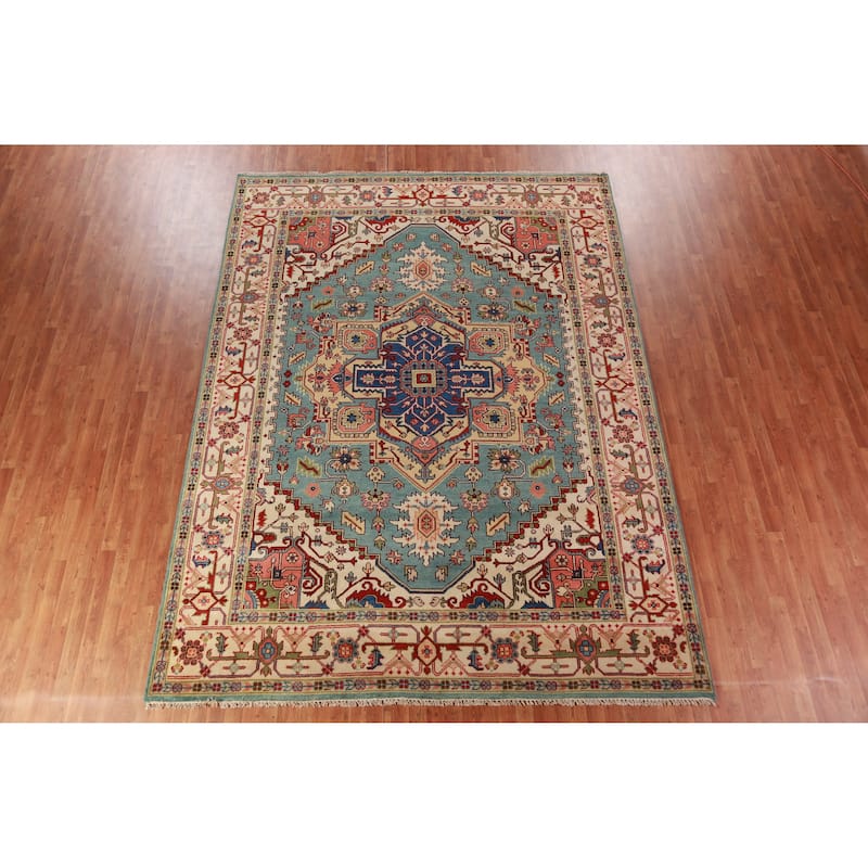 Light Blue Geometric Heriz Serapi Indian Area Rug Handmade Wool Carpet - 8'10"x 11'10"