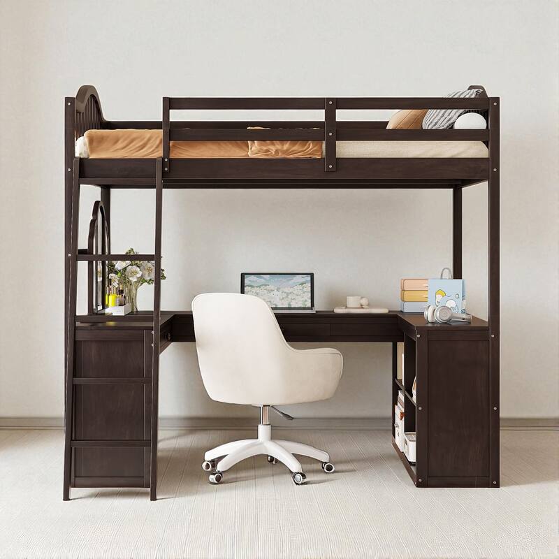 Full Size Wooden Loft Bed with U-Shaped Desk, 4 Compartments, 2 Drawers and Tri-Fold Mirror