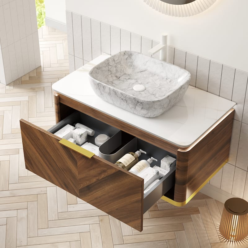 36" Bathroom Vanity with Vessel Sink One Drawer Floating Storage Cabinet with Sensor Light, Pre-assembled
