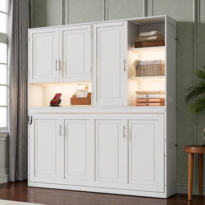 Twin Size Wall Murphy Bed with Top Cabinet, Shelves, Foldable Space-Saving Bed with Light & USB Charging Port - White - Twin