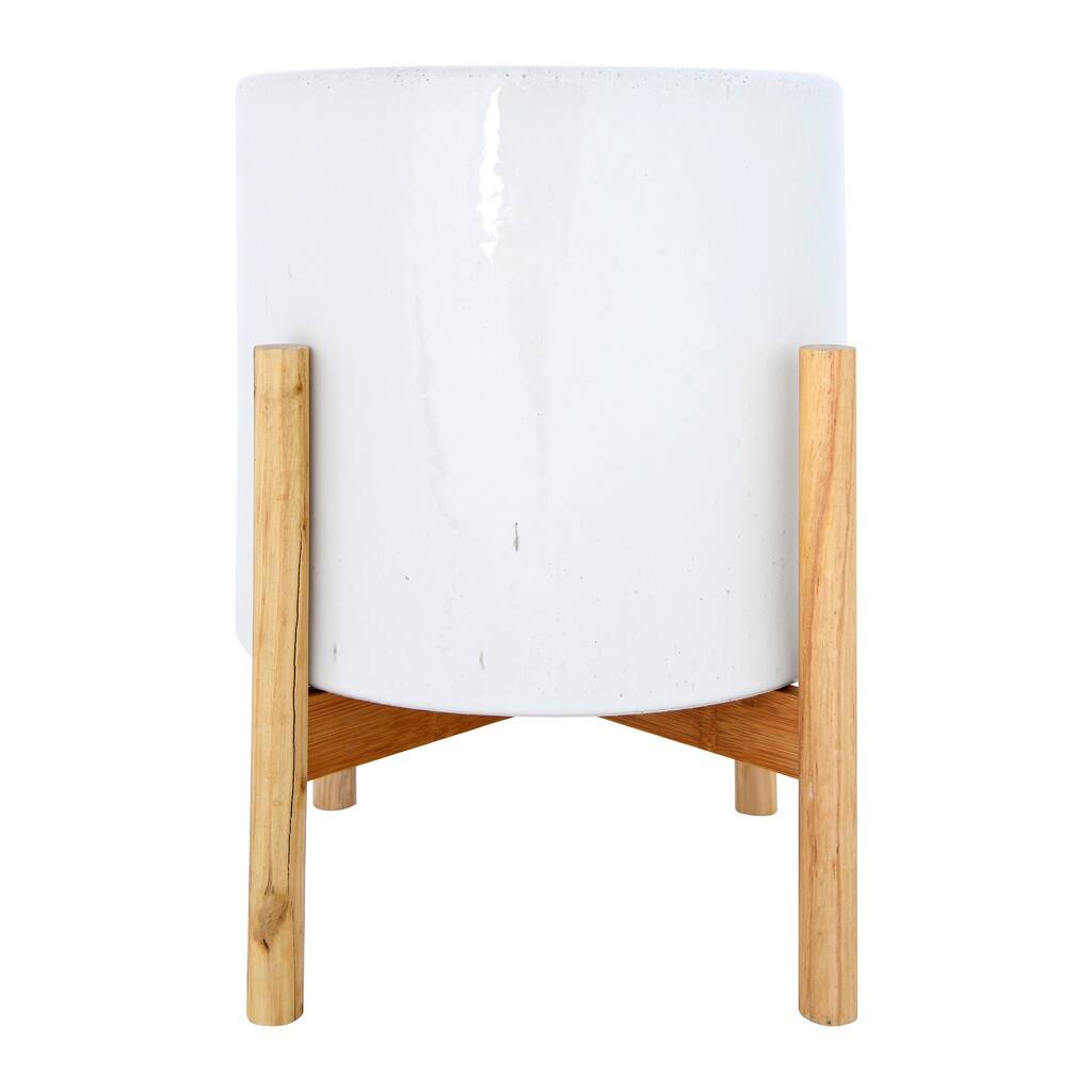 Round Stoneware Planter on Wood Holder (Set of 2 Pieces/Holds 10" Pot) - Grey