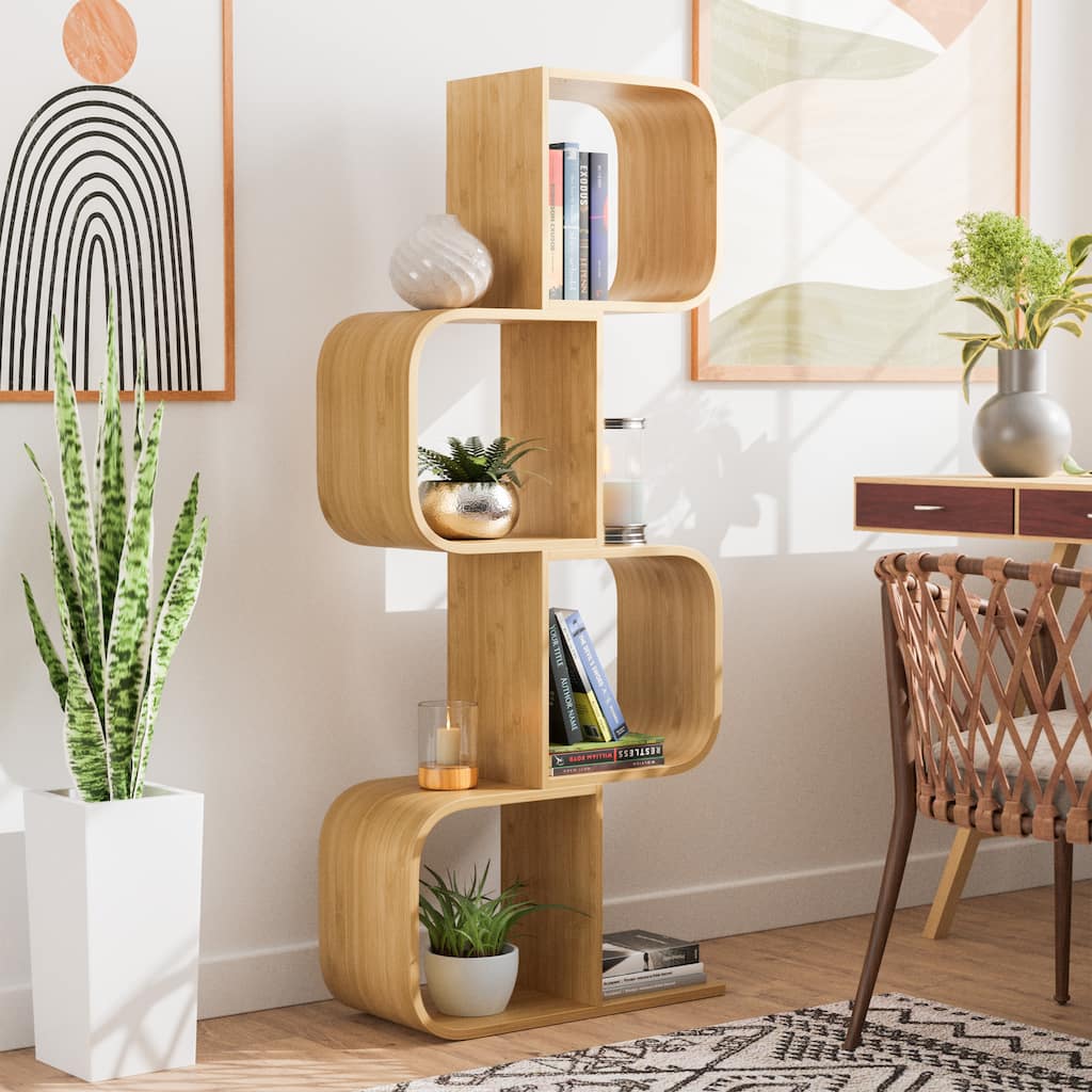 Furniture of America Blythe Contemporary Natural Bamboo 4-Tier S-shaped Design Display Bookshelf