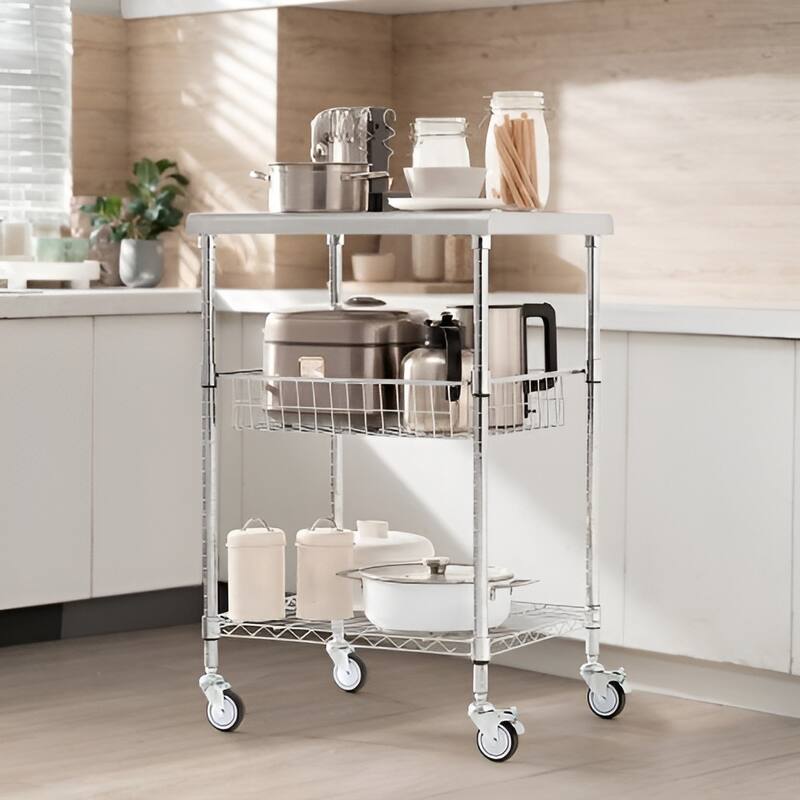 Silver Steel Utility Cart Rolling Cart with Stainless Top, Wheels and 3 Shelves - 20"” L x 24" W x 36.6" H