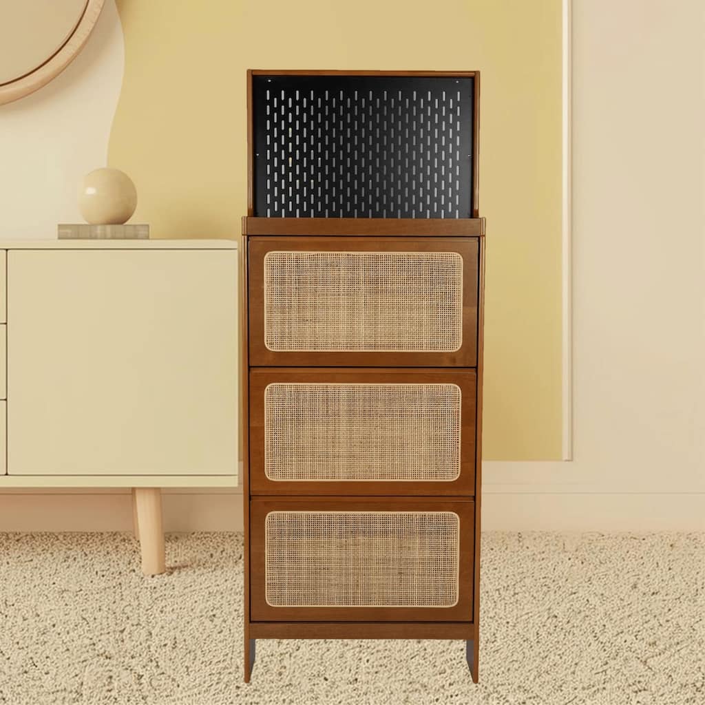 Modern Free Standing Rattan Shoe Cabinet with Flip Drawers and Pegboard Storage, Stylish Shoe Rack for Entryway and Hallway