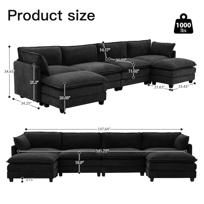 CLICKBIN Chenille Fabric Stragiht Arm L-Shaped Modular Sectional Sofa Couch with Ottoman for Living Room