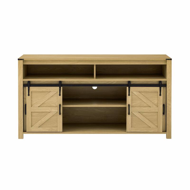59.3'' Sideboard with Sliding Barn Door and Mesh Panels, Farmhouse Buffet with Open Storage