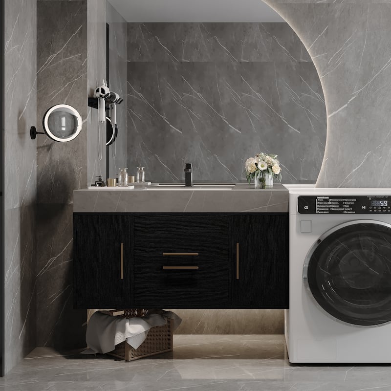 GDFStudio - Modern 39.4" Wall Mounted Floating Sintered Stone Bathroom Vanity with Seamless Ceramic Sink & Soft-Close Drawers