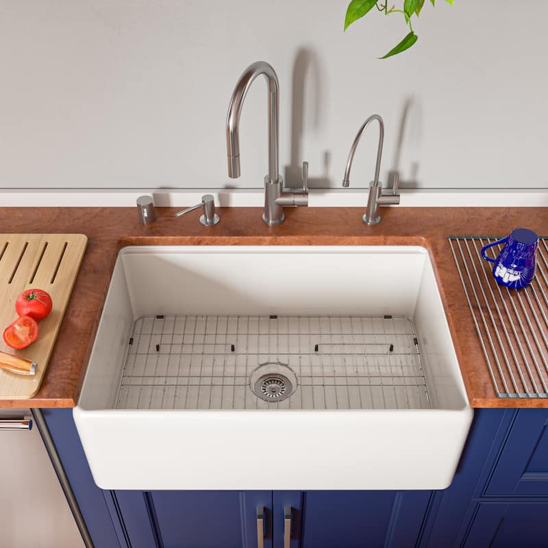 ALFI Brand White Smooth Apron Workstation 30" x 20" Single Bowl Step Rim Fireclay Farm Sink with Accessories