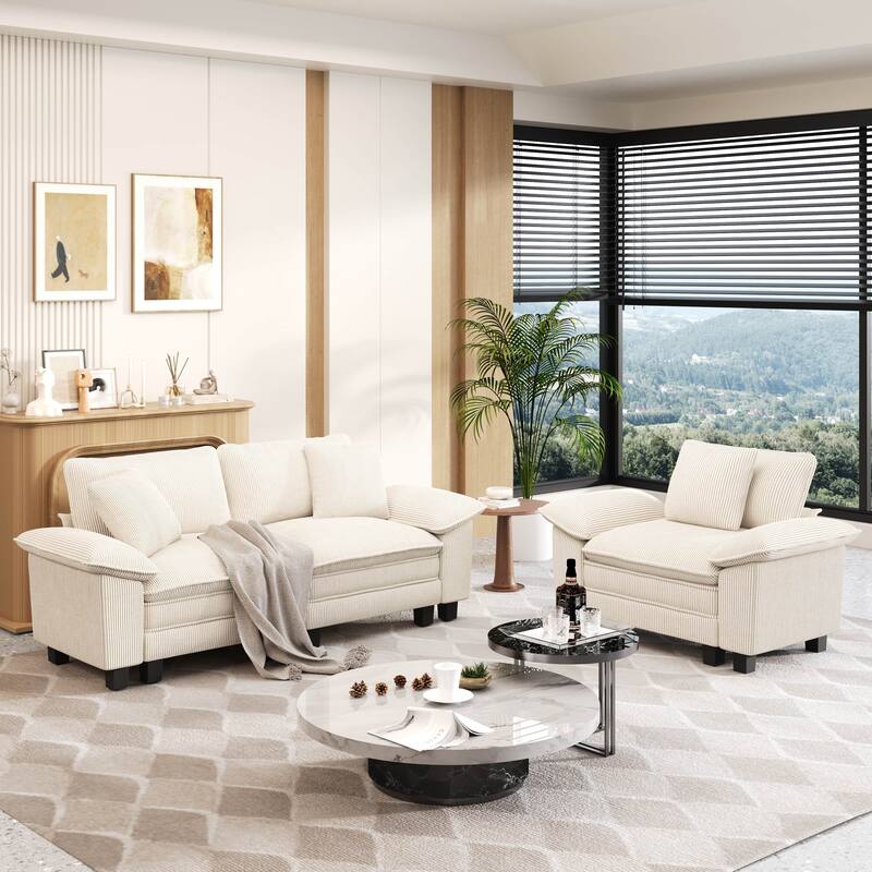 MAISON ARTS 2-Piece Chenille & Corduroy Sofa Set, Comfy 3/4/5-Seater Modular Loveseat & Armchair with Throw Pillows - Beige Corduroy(3 Pieces) - Left Facing