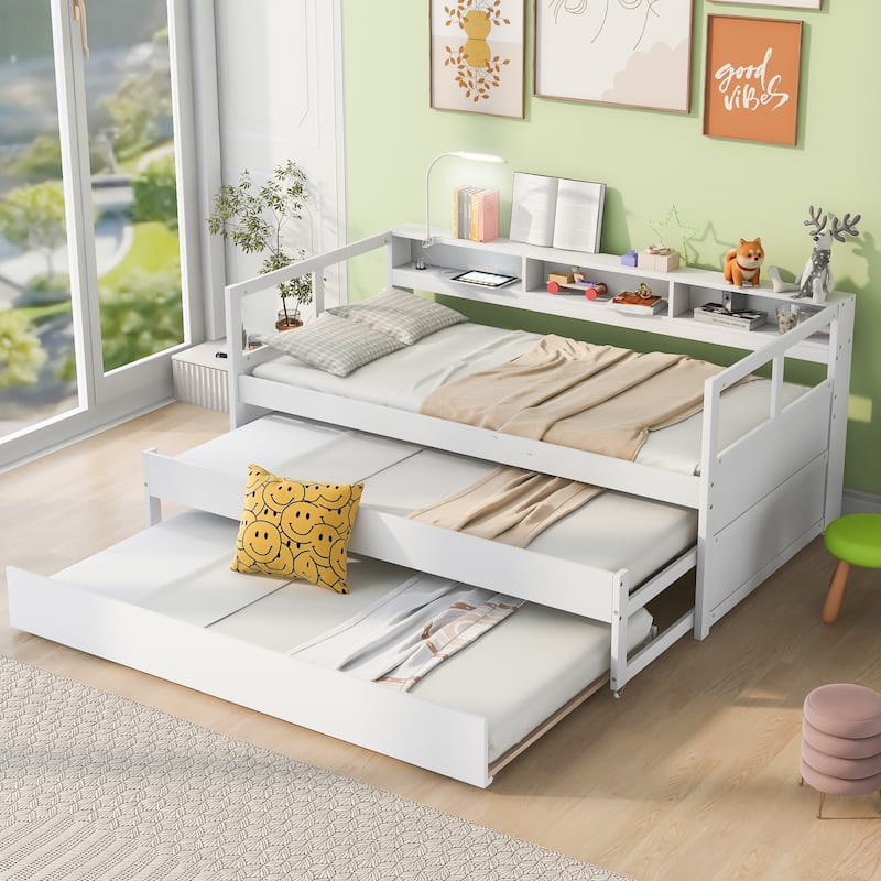 Twin XL Wood Daybed with Trundles, Storage, USB Charging, and Light, White - White