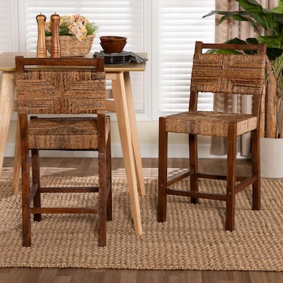 Cordoba Bohemian Natural Seagrass and Mahogany Wood 2-Piece Counter Stool Set