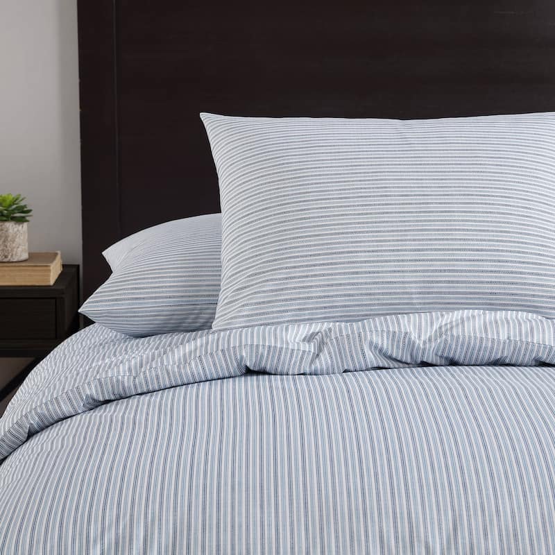 Eddie Bauer Ticking Stripe Navy Cotton Percale Duvet Cover Set