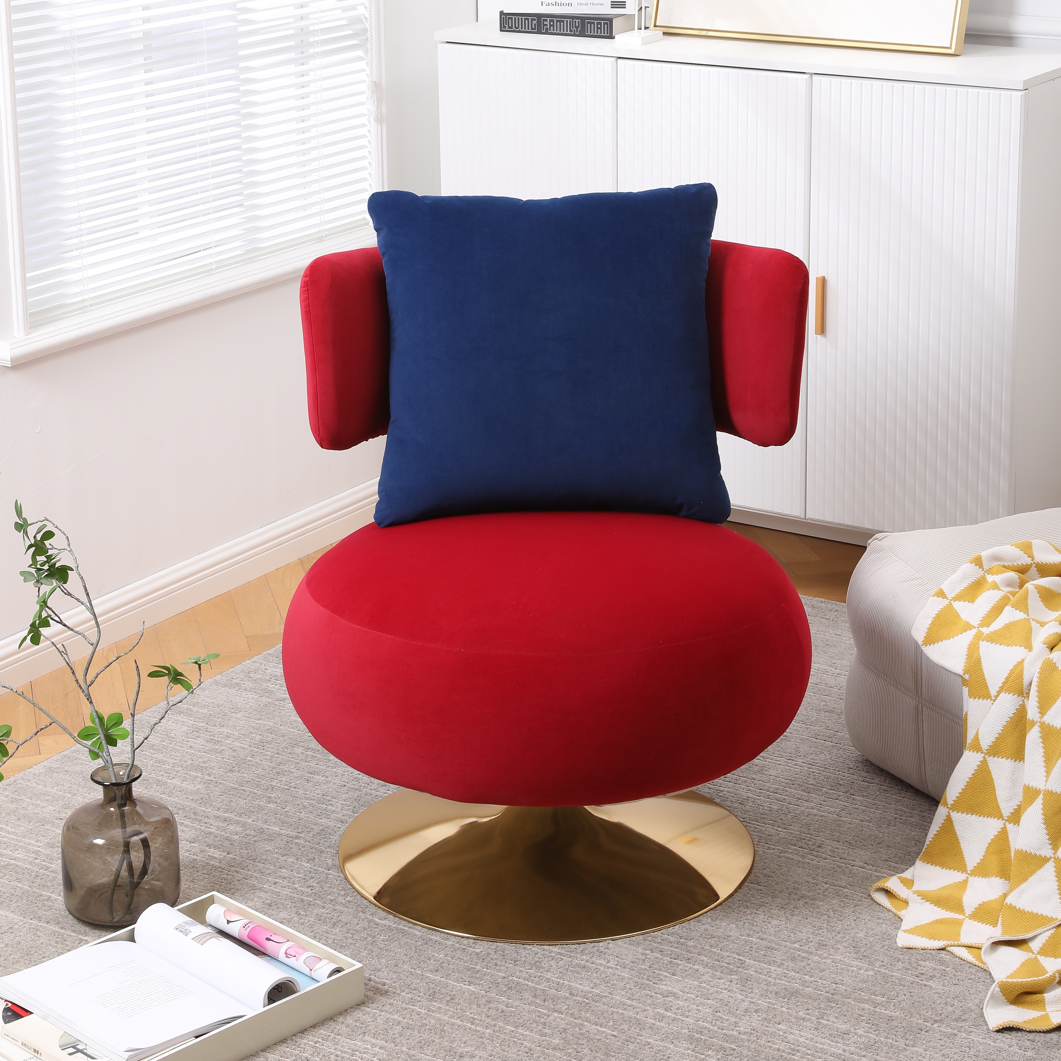 Velvet Swivel Armchair Living Room Round Barrel Chair with Pillow Single Sofa Chair and Metal Base Accent Chairs Bed Bath Beyond 40622716