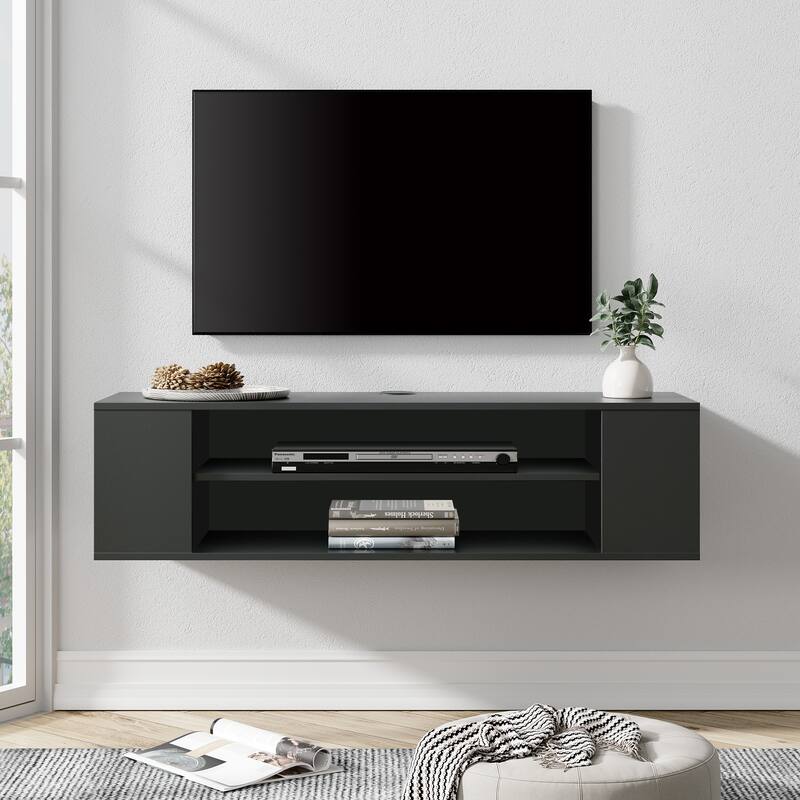 3-Tier Floating TV Stand with Adjustable Shelves for Living Room, Black - Black