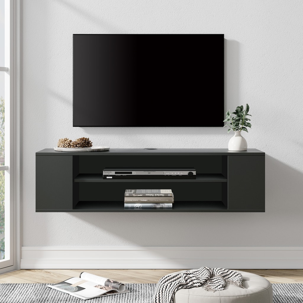 3-Tier Floating TV Stand with Adjustable Shelves for Living Room, Black