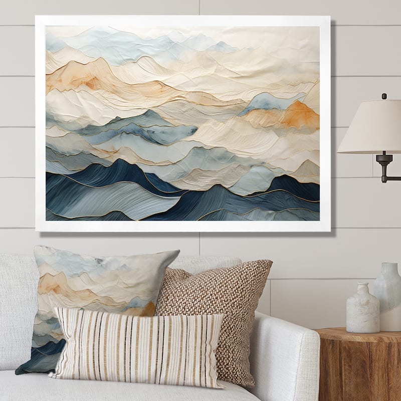 Designart "Majestic Mountain Peaks" Landscape Mountains Framed Wall Art Prints - 44 in. wide x 34 in. high - White