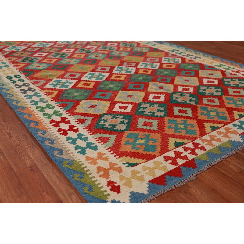 Hand Woven Oriental 100% Wool Carpet Southwestern Geometric Red Kilim Area Rug - 8' 4'' X 5' 10''