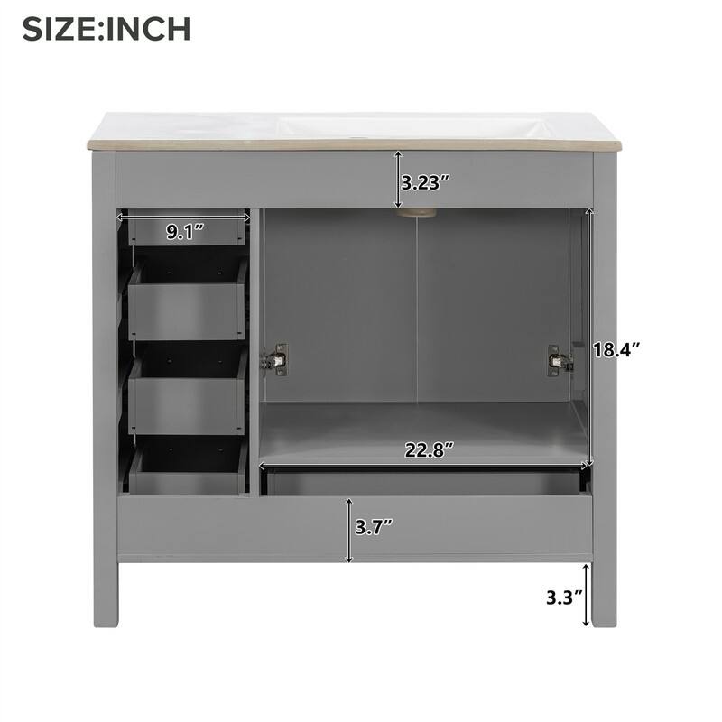36'' Bathroom Vanity with Ceramic Sink Combo, Modern Bathroom Vanity Cabinet with 2 Soft Close Doors and 5 Storage Drawers