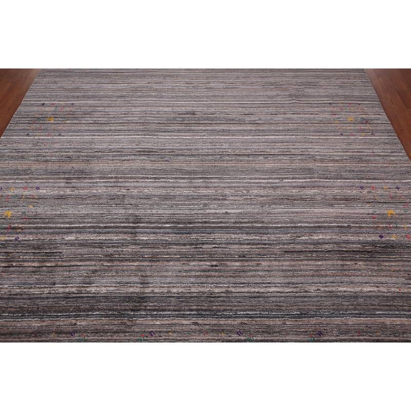 Striped Tribal Gabbeh Indian Square Area Rug Hand-Knotted Wool Carpet - 7'7"x 8'0"
