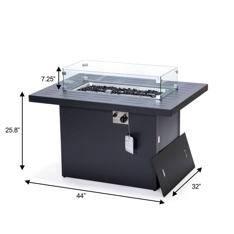 Chelsea Modern Outdoor 55000 BTU Propane Patio Fire Pit Table with Tempered Glass Wind Guard and Decorative Crystal Stones