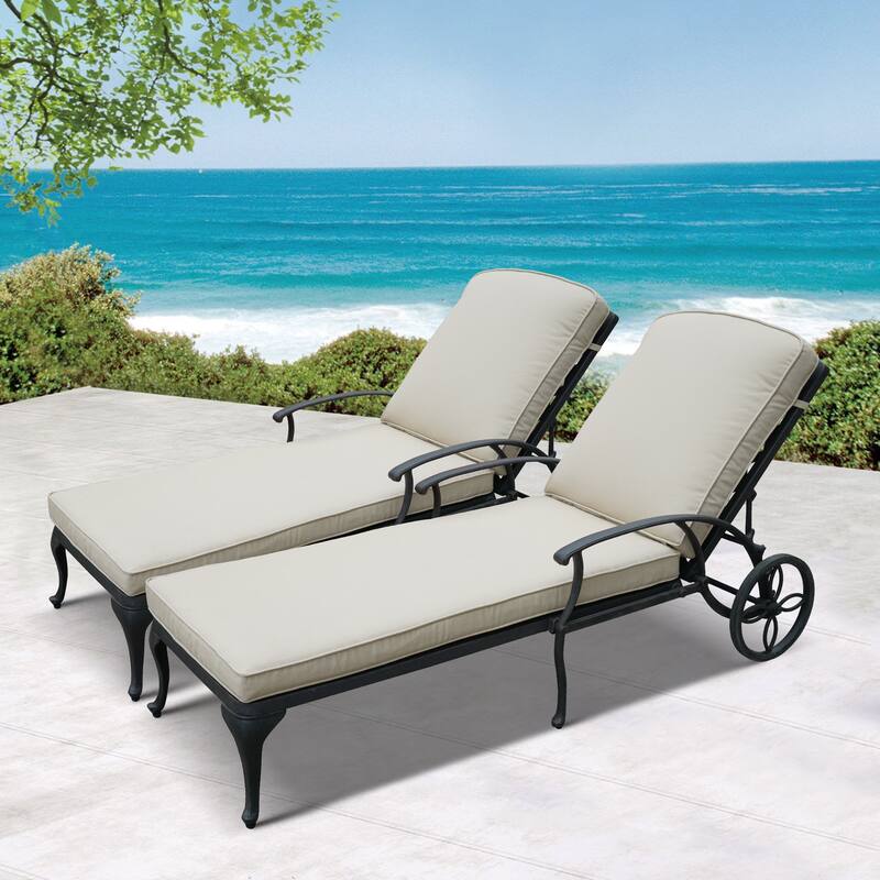 Aluminum Reclining Outdoor Chaise Lounge with Wheels and Cushions (Set Of 2)