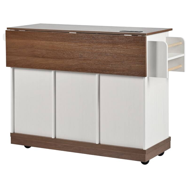 55" Wood Rolling Kitchen Island with Drop Leaf,Barn Door,Power Outlet