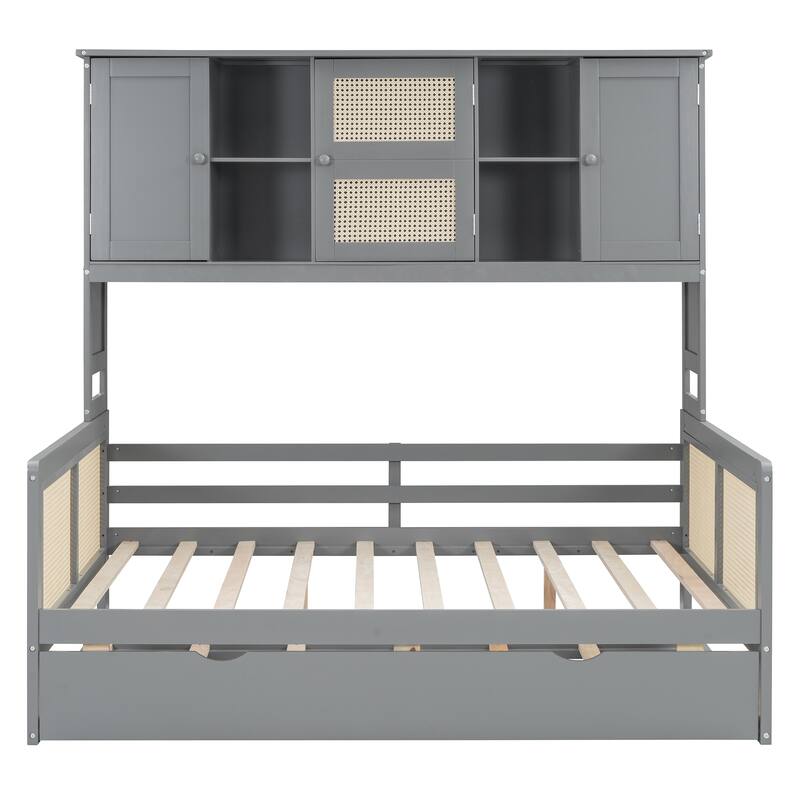 Wood Full Size Daybed with Built-In Storage Cabinet, Shelves & Twin Trundle, Rattan Accent, No Box Spring Needed