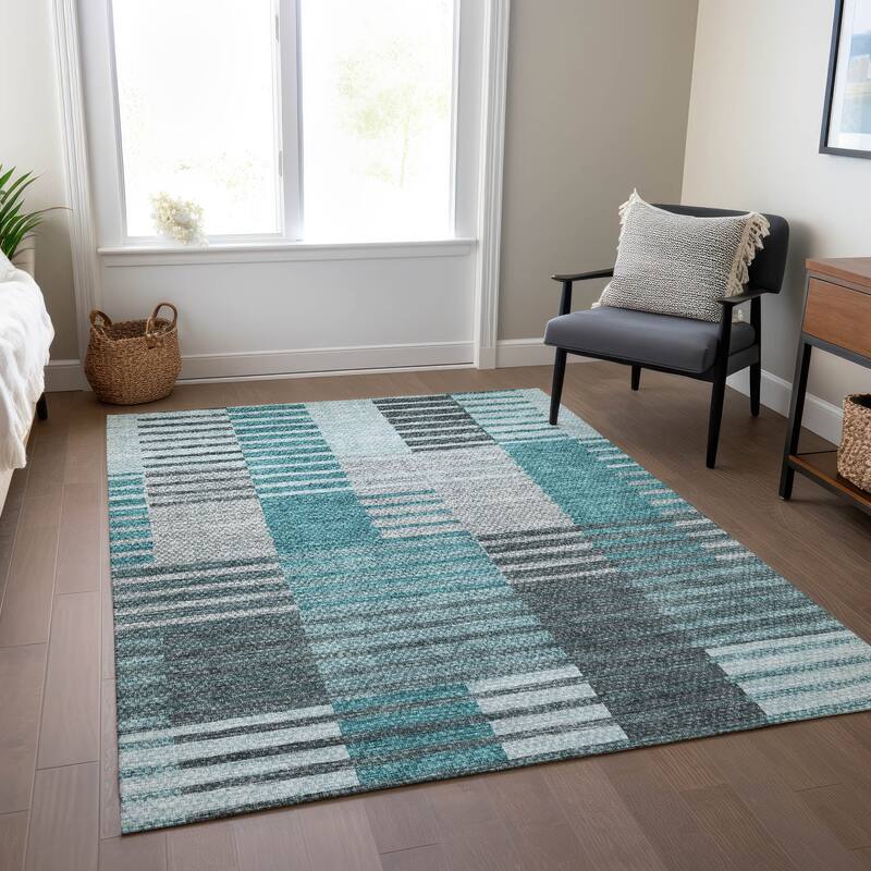 Machine Washable Indoor/ Outdoor Chantille Contemporary Stripes Rug - Teal - 9' x 12'